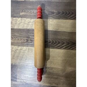VINTAGE 17" WOOD ROLLING PIN, Original Red Paint Handles, EUC, Cottage Decor 50s